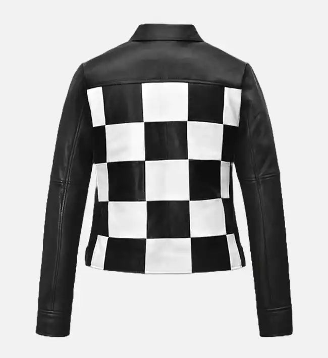 womens leather biker jacket in black white
