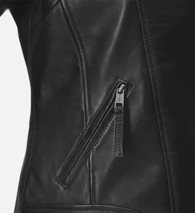 womens leather biker jacket in black white
