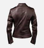 womens leather biker jacket in dark brown
