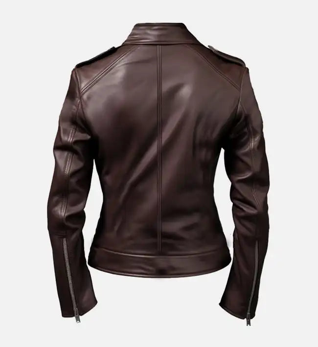 womens leather biker jacket in dark brown
