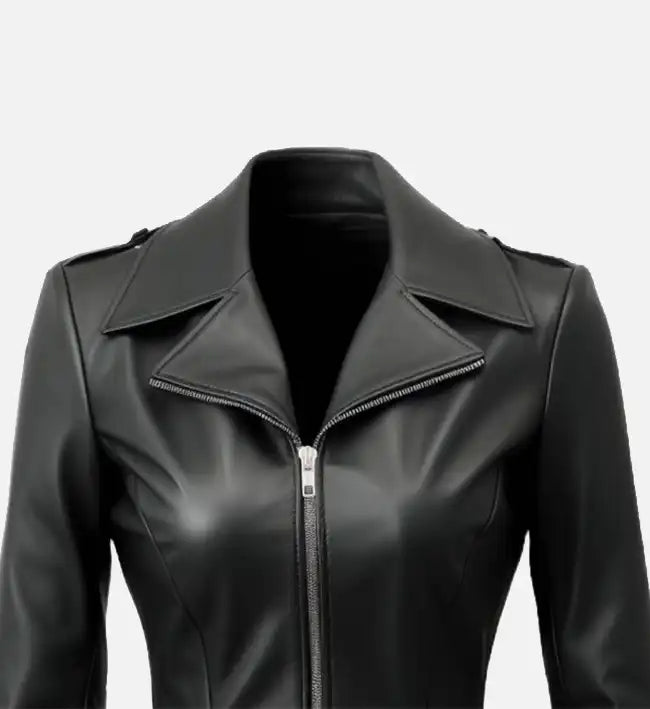 womens asymmetrical black leather jacket
