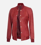 womens leather bomber jacket in maroon with rib knit style
