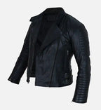 womens black double breasted leather jacket
