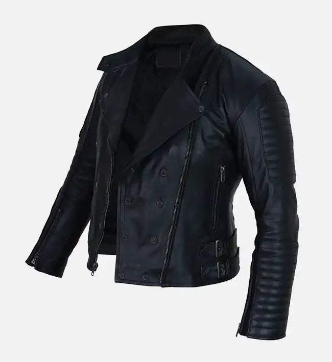 womens black double breasted leather jacket
