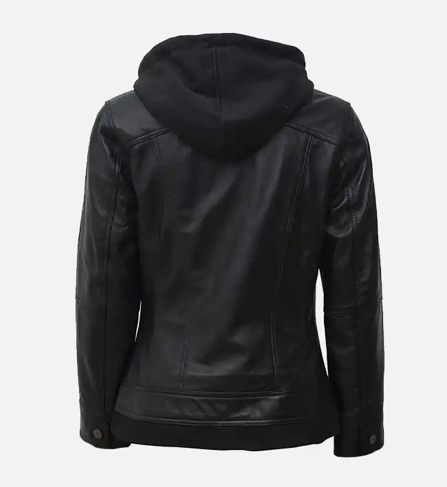 black leather jacket with hood for women
