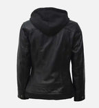 black leather jacket with hood for women
