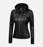 black leather jacket with removable hood for women
