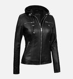 womens leather jacket black with removable hood
