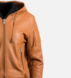 womens leather jacket brown with hood
