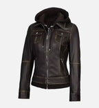 dark brown leather leather jacket with hood for women
