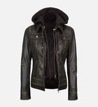 dark brown leather leather jacket with hood for women
