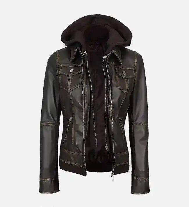 dark brown leather leather jacket with hood for women
