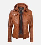 womens leather jacket in tan wax with detachable hood
