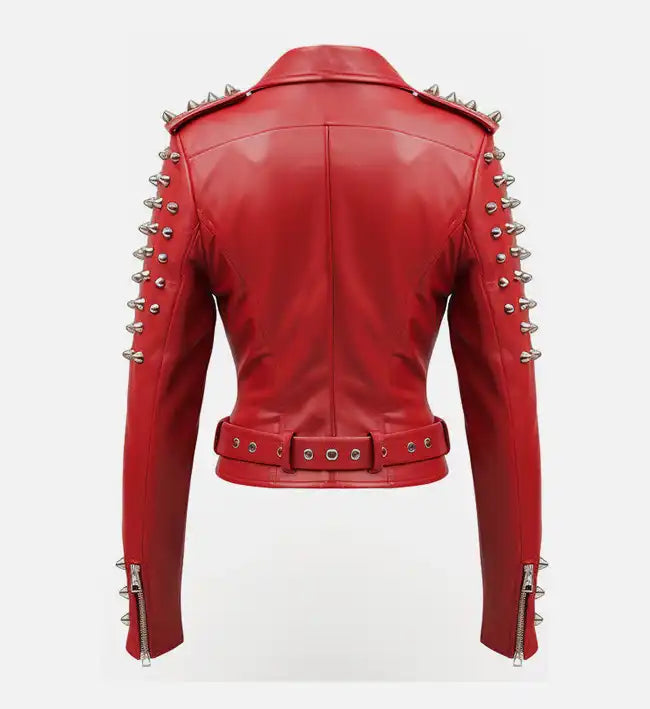 red leather stud biker jacket for women
