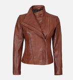 womens biker tan asymmetrical leather jacket
