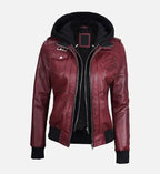 womens hooded bomber jacket in maroon leather
