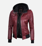 maroon bomber leather jacket with hood for women
