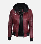 maroon bomber leather jacket with hood for women
