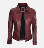 womens classic leather jacket in maroon
