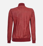 maroon rib knit style leather bomber jacket for women

