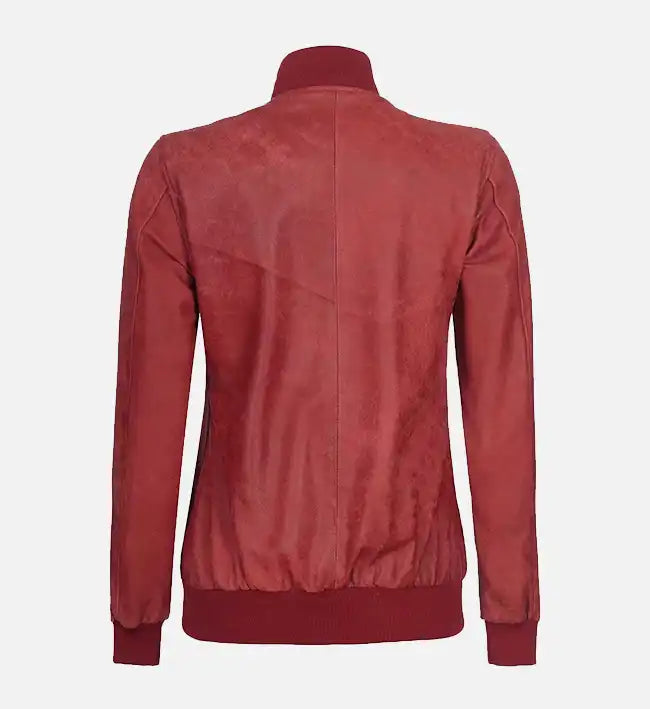 maroon rib knit style leather bomber jacket for women
