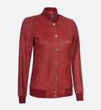 maroon rib knit style leather bomber jacket for women
