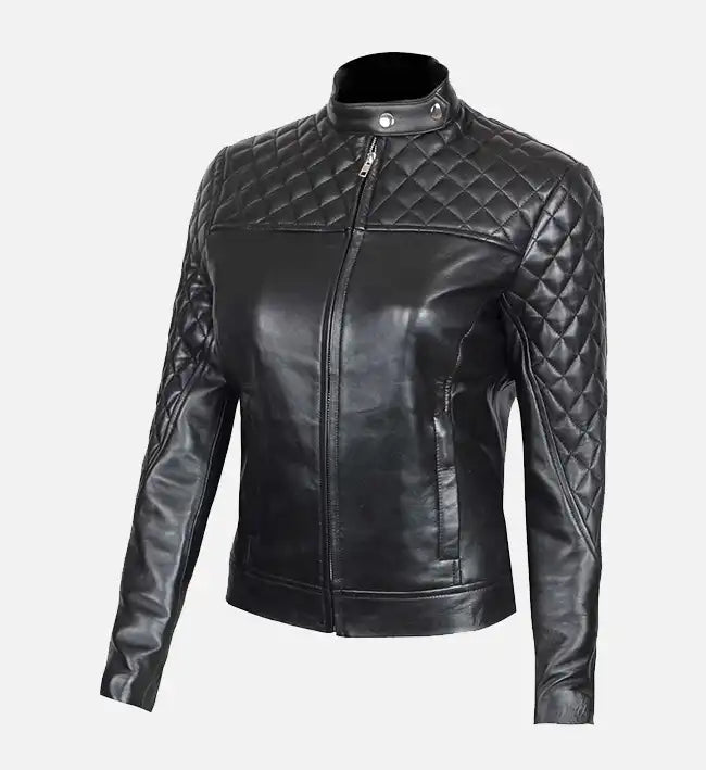 womens real leather cafe racer quilted jacket
