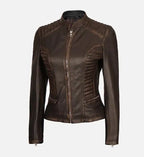 womens cafe racer dark brown rub off leather jacket
