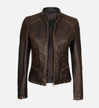 womens rub off dark brown cafe racer leather jacket
