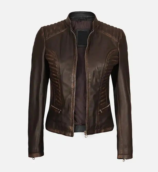 womens rub off dark brown cafe racer leather jacket
