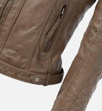 womens sand leather quilted shoulder jacket
