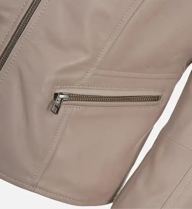 womens simple beige moto leather jacket
