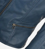 womens simple blue moto leather jacket
