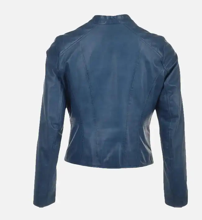 womens simple moto blue leather jacket
