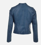 womens simple moto blue leather jacket
