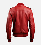 womens strap pockets red leather bomber jacket