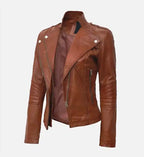 womens tan cafe racer leather jacket
