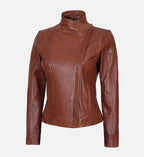 womens leather tan asymmetrical biker jacket
