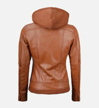tan leather jacket with detachable hood for women
