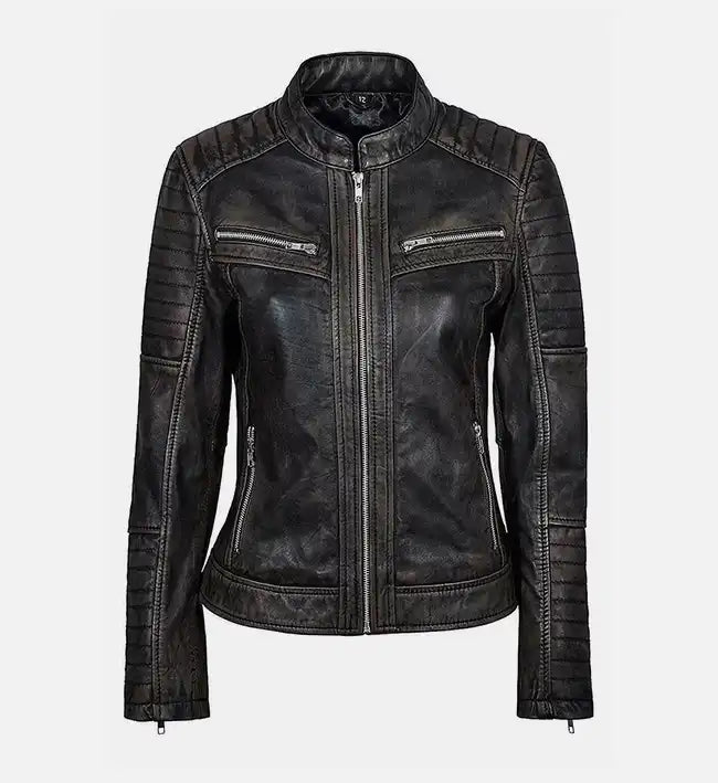 womens black vintage bike leather jacket