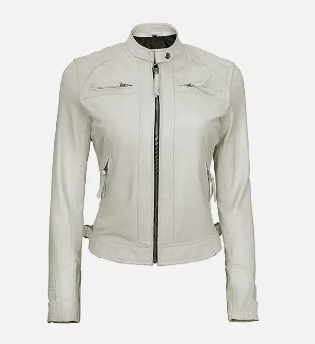 womens white diamond moto style leather jacket
