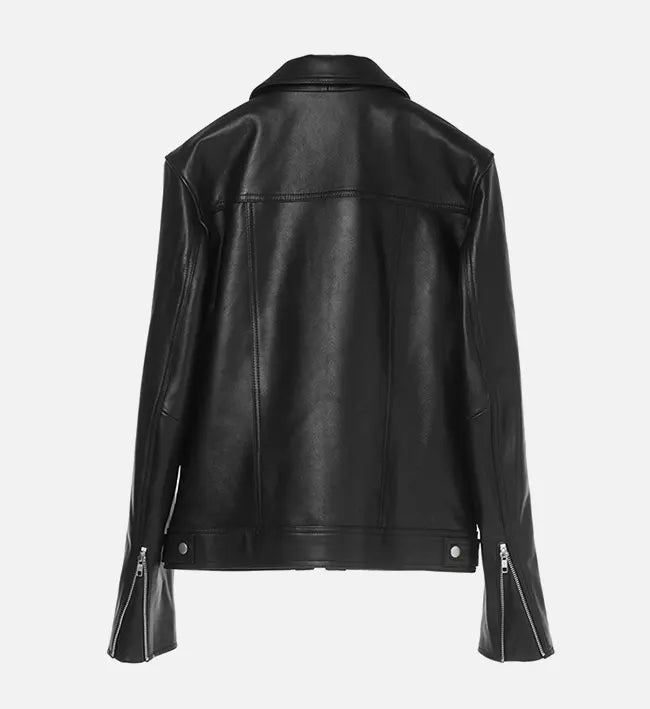womens black leather jacket 
