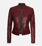 womens maroon biker leather jacket