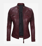 womens maroon real leather motorcycle jacket